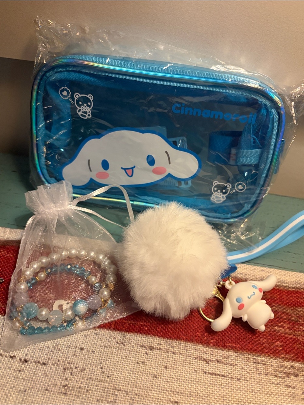 Sanrio Cinnamoroll set Blue zipper Bag White Pom Pom Charm wristlet & 2 bracelet